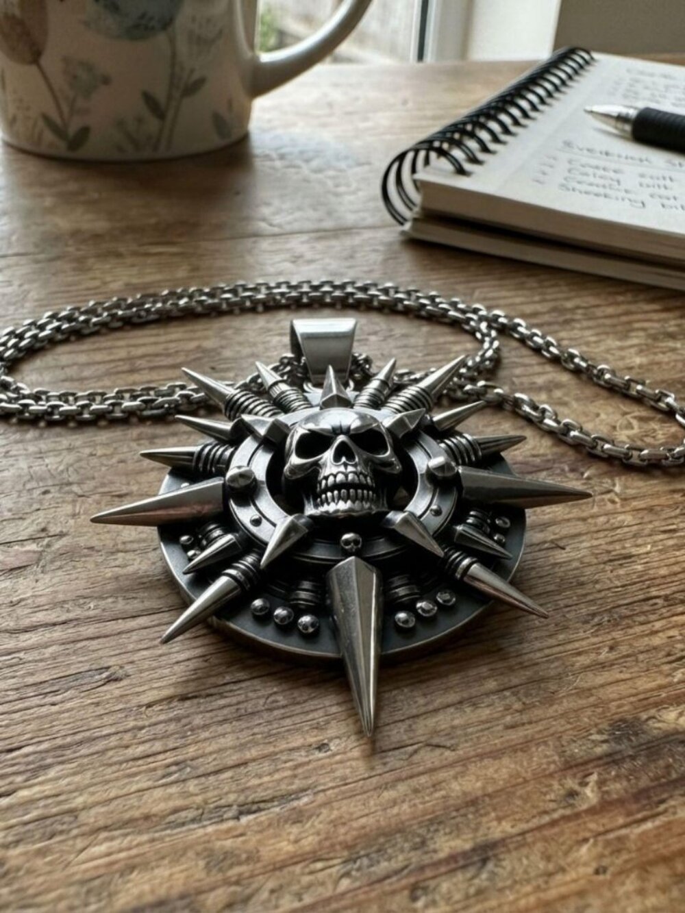 Mens stainless steel spiked skull pendant necklace gothic